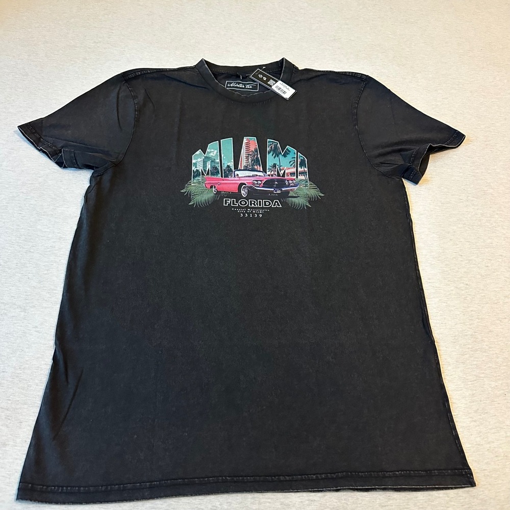 Mister Tee‎ Mens Miami Florida Graphic T-Shirt Acid Wash Black Size L NWT